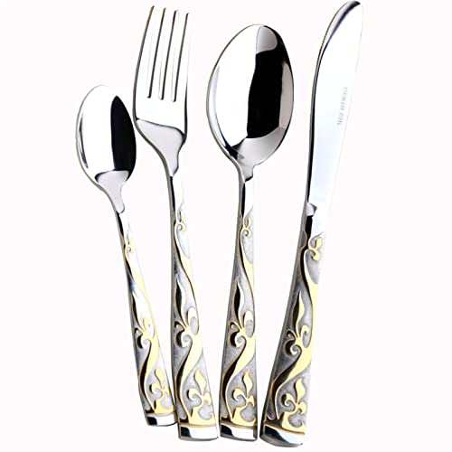 DDNGEJ 4-Piece Gold Flatware Set – 304 Stainless Steel Cutlery with Knife, Fork, Spoon & Chopsticks – Eco-Friendly Kitchen Accessories