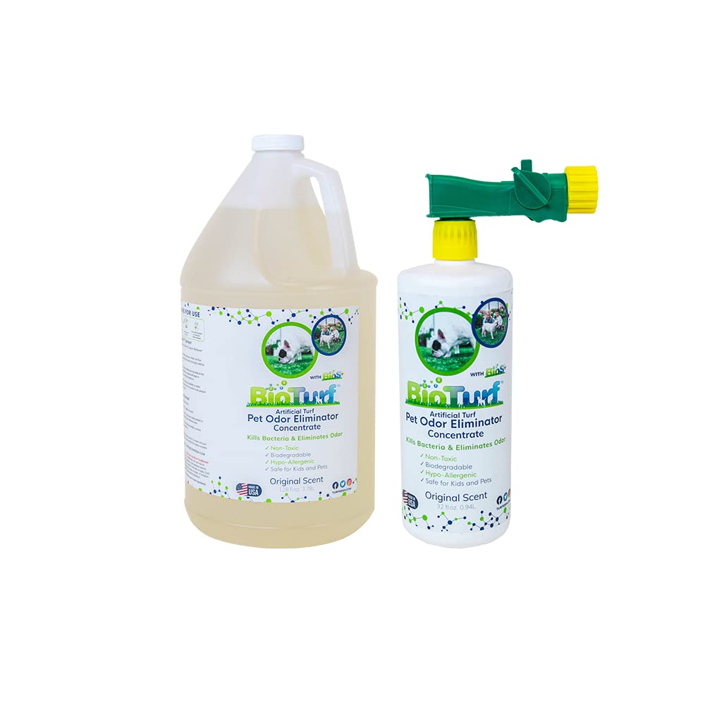 BioTurf BioS+ Artificial Grass Odor Eliminator – 1 Gallon & 32oz Concentrate with Hose Sprayer – Eco-Friendly Enzyme Cleaner for Pet Urine, Outdoor Use