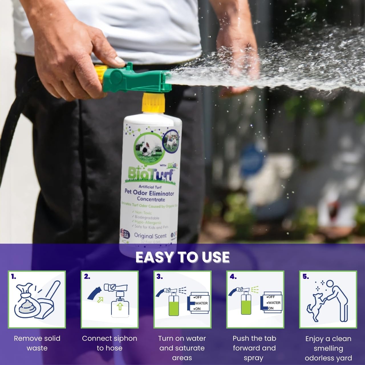 BioTurf BioS+ Artificial Grass Odor Eliminator – 1 Gallon & 32oz Concentrate with Hose Sprayer – Eco-Friendly Enzyme Cleaner for Pet Urine, Outdoor Use