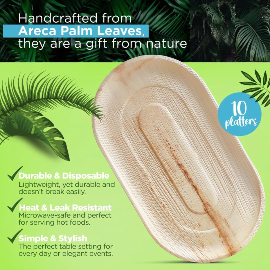 ECO Leaf 50-Pack Large Oval Palm Leaf Serving Platters – 22" x 12" Eco-Friendly, Biodegradable & Compostable Food Trays – Durable Hot Food Safe