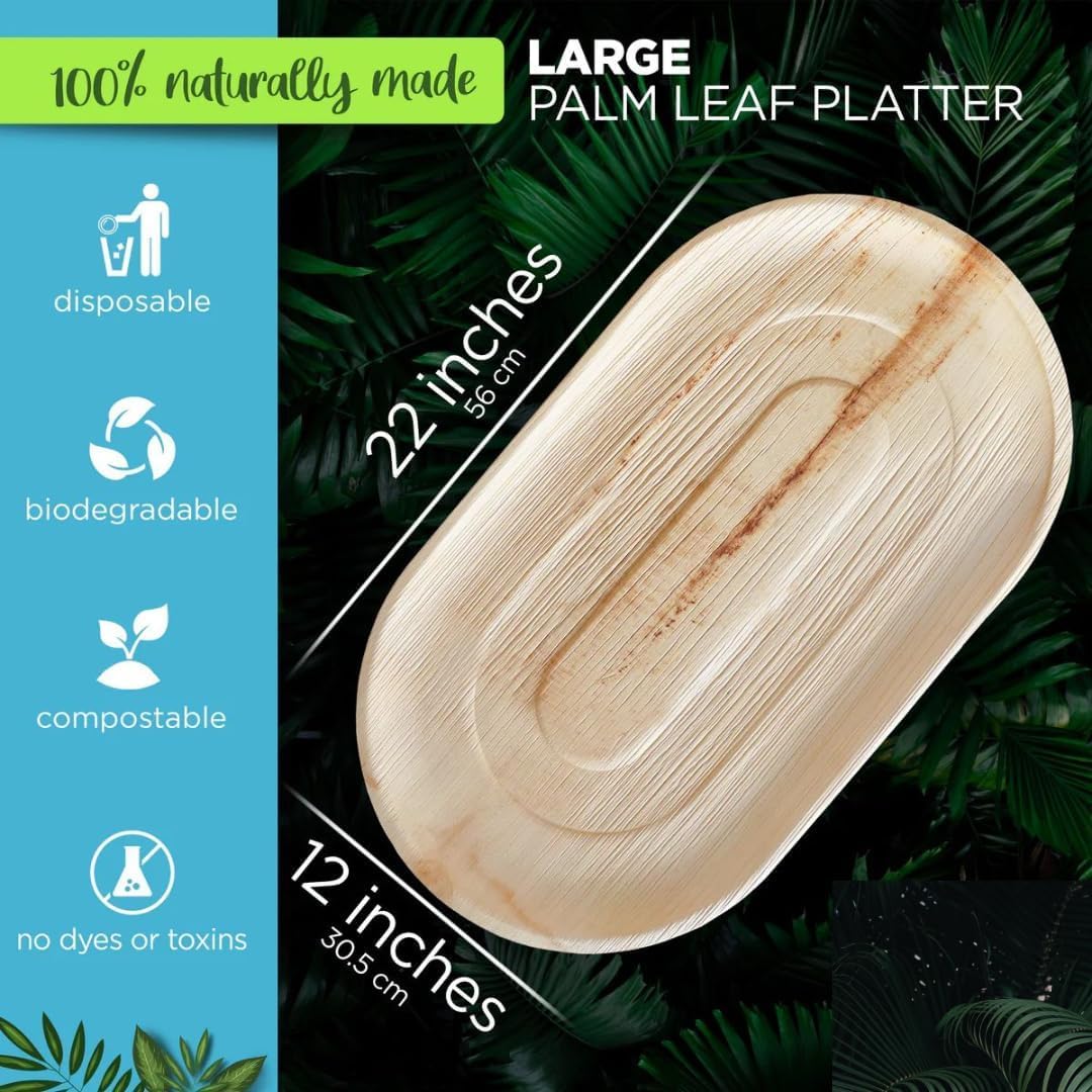 ECO Leaf 50-Pack Large Oval Palm Leaf Serving Platters – 22" x 12" Eco-Friendly, Biodegradable & Compostable Food Trays – Durable Hot Food Safe