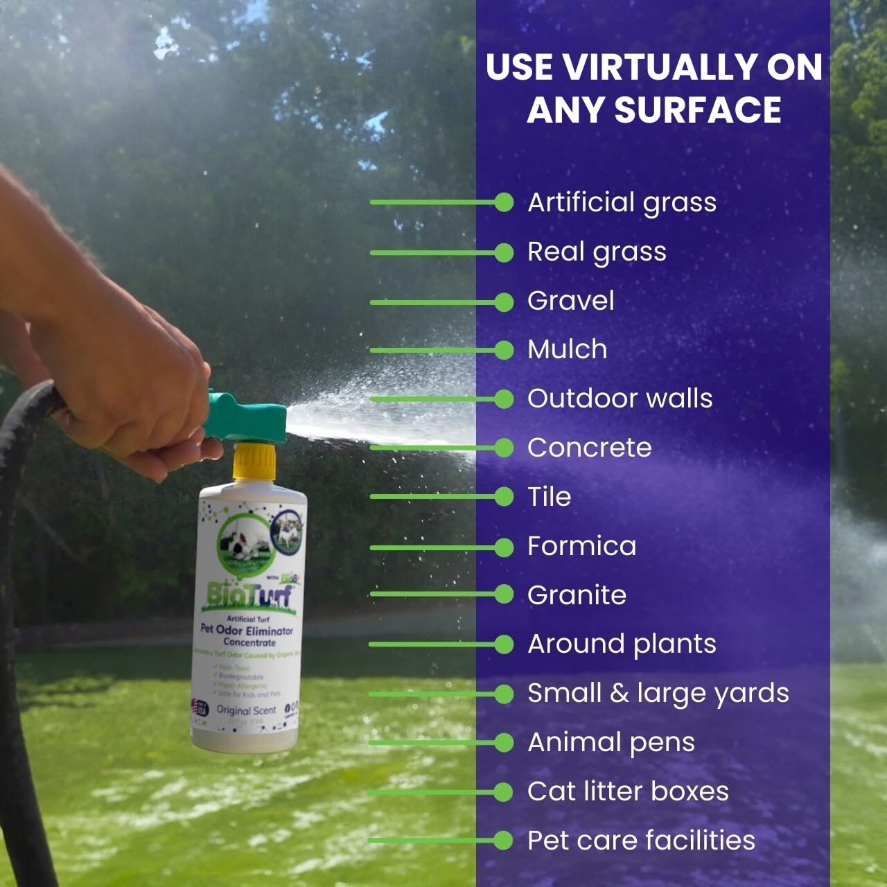 BioTurf BioS+ Artificial Grass Odor Eliminator – 1 Gallon & 32oz Concentrate with Hose Sprayer – Eco-Friendly Enzyme Cleaner for Pet Urine, Outdoor Use