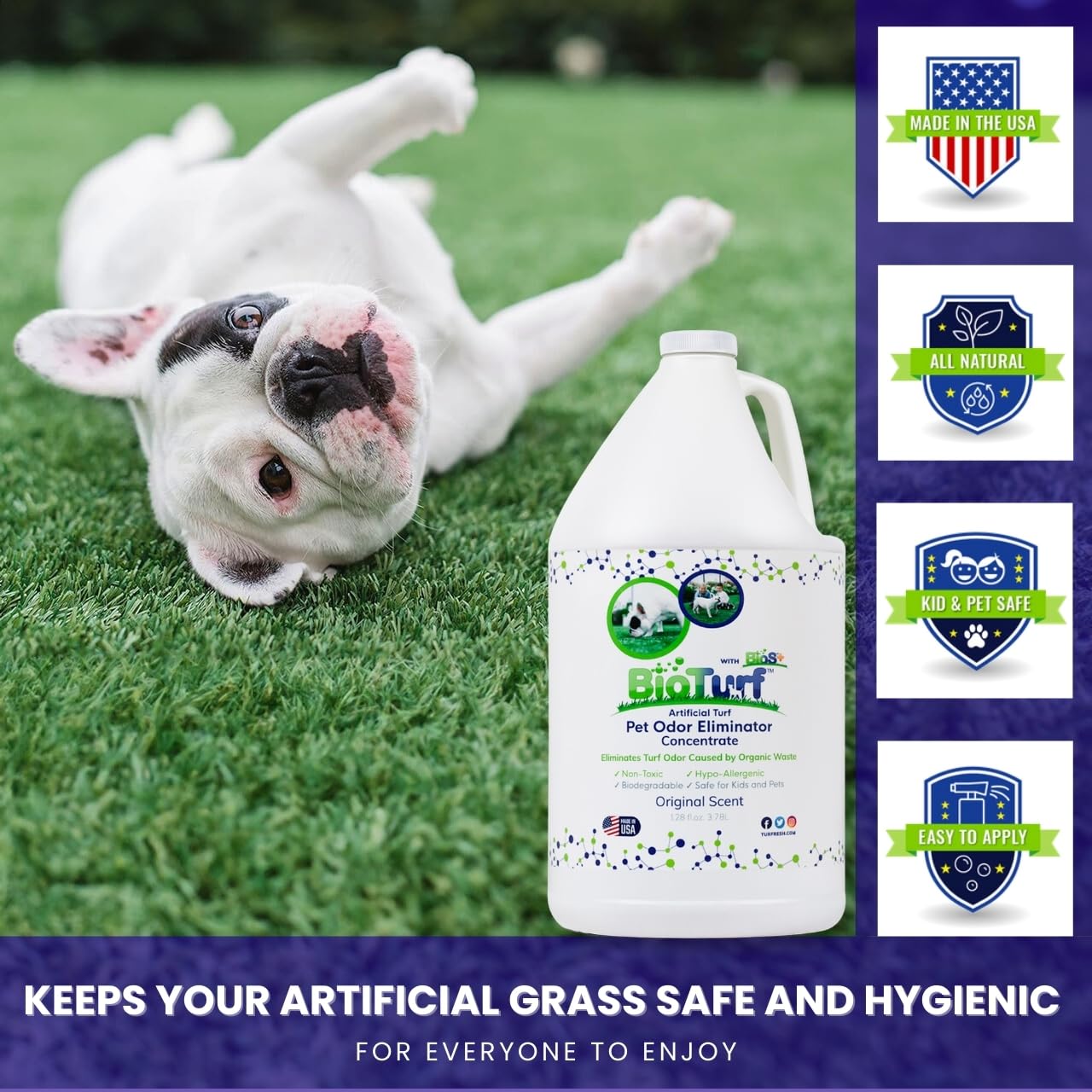 BioTurf BioS+ Artificial Grass Odor Eliminator – 1 Gallon & 32oz Concentrate with Hose Sprayer – Eco-Friendly Enzyme Cleaner for Pet Urine, Outdoor Use