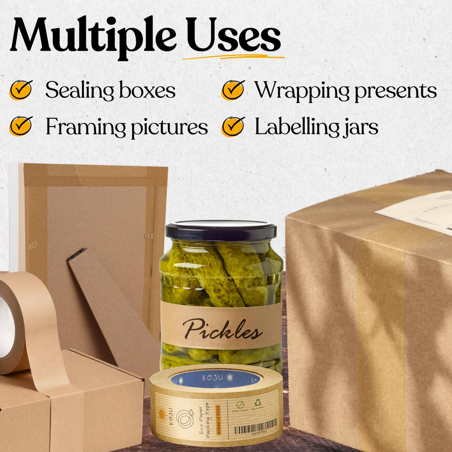 Koju Eco Kraft Paper Packing Tape ā 48mm x 50m (36-Pack) ā Recyclable Brown Tape for Parcels, Shipping, Craft & Picture Framing