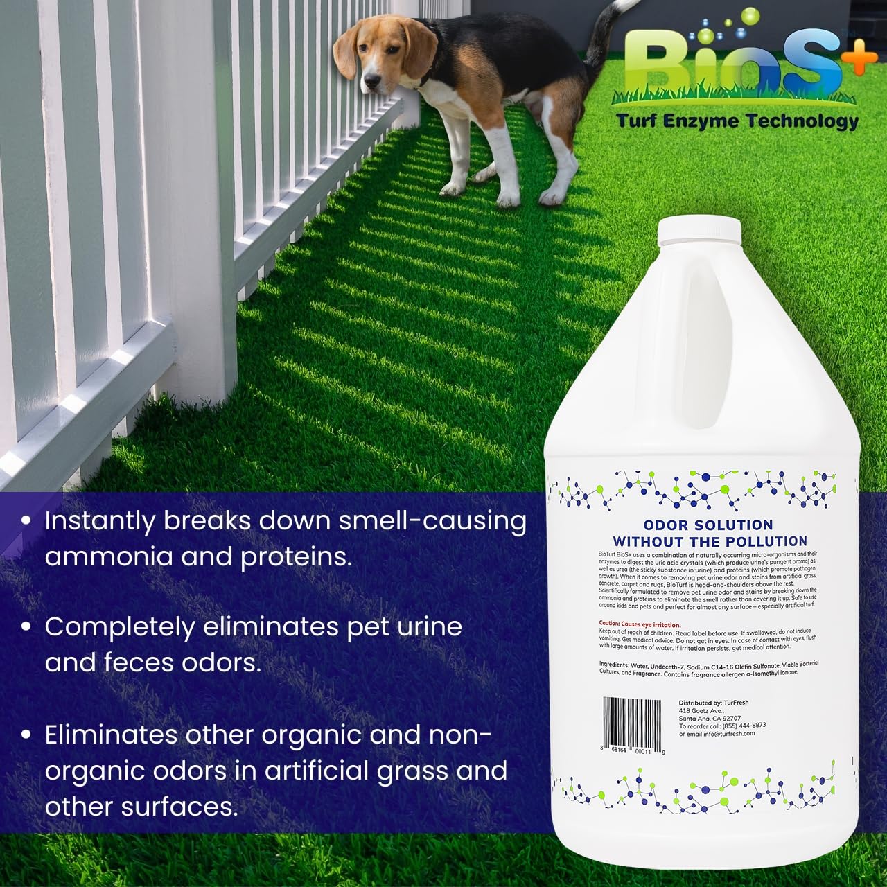 BioTurf BioS+ Artificial Grass Odor Eliminator – 1 Gallon & 32oz Concentrate with Hose Sprayer – Eco-Friendly Enzyme Cleaner for Pet Urine, Outdoor Use