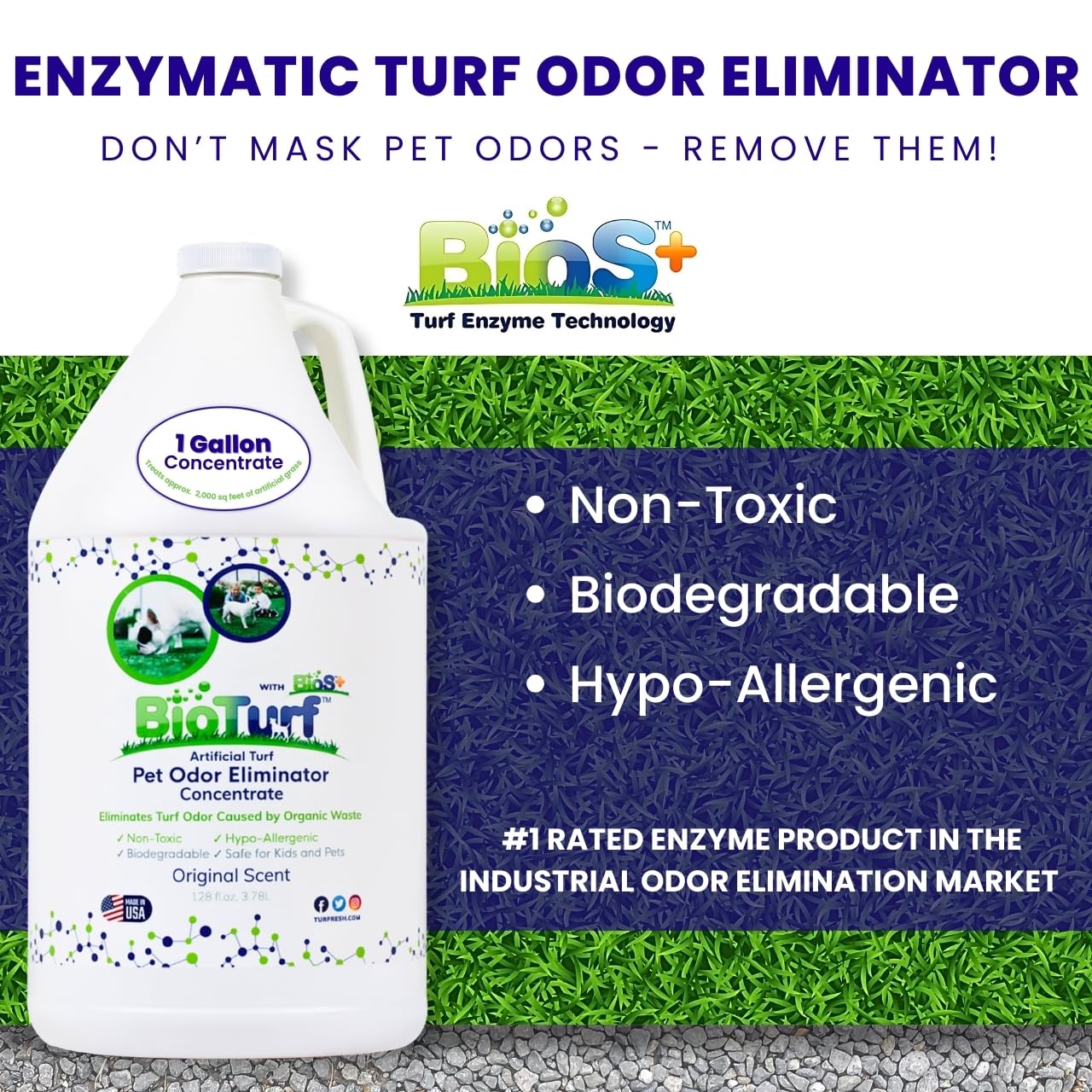 BioTurf BioS+ Artificial Grass Odor Eliminator – 1 Gallon & 32oz Concentrate with Hose Sprayer – Eco-Friendly Enzyme Cleaner for Pet Urine, Outdoor Use
