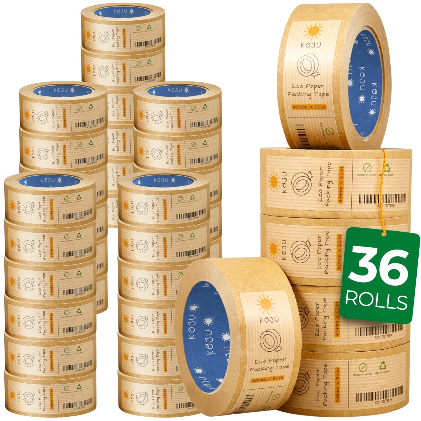 Koju Eco Kraft Paper Packing Tape ā 48mm x 50m (36-Pack) ā Recyclable Brown Tape for Parcels, Shipping, Craft & Picture Framing