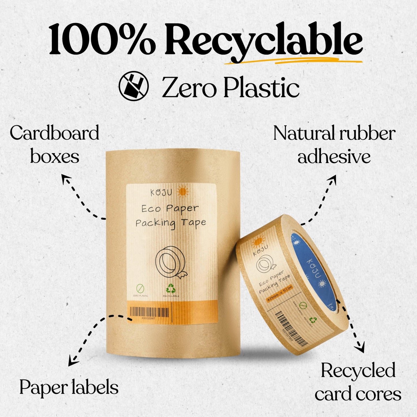 Koju Eco Kraft Paper Packing Tape ā 48mm x 50m (36-Pack) ā Recyclable Brown Tape for Parcels, Shipping, Craft & Picture Framing