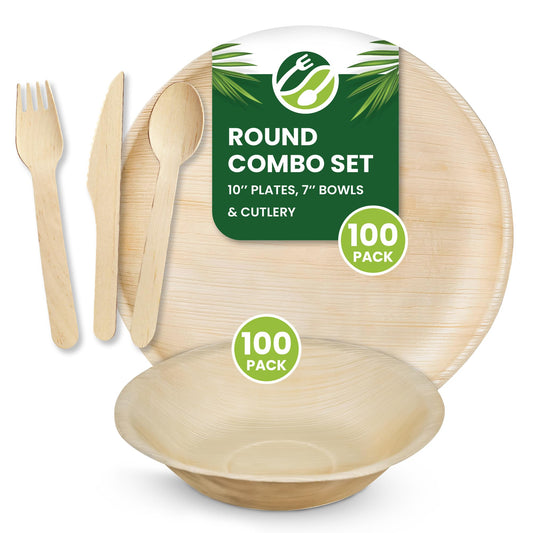 Eco Leaf 500-Piece Palm Leaf Dinnerware Set – Biodegradable Plates, Bowls & Wooden Cutlery – Eco-Friendly, Oven Safe, Ideal for Events & Parties